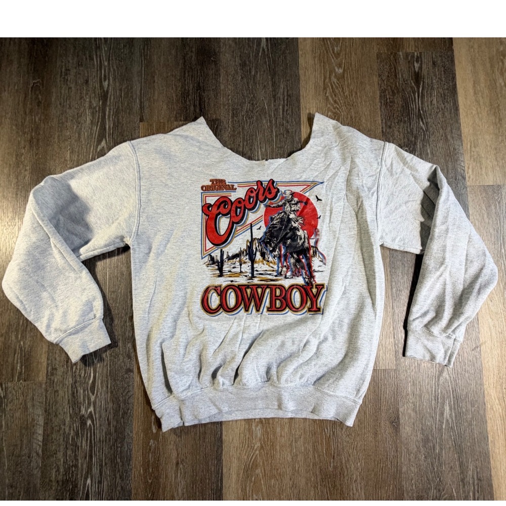 Coors Sweatshirt Unisex Large Gray Cowboy Graphic Cut Neckline Retro Western